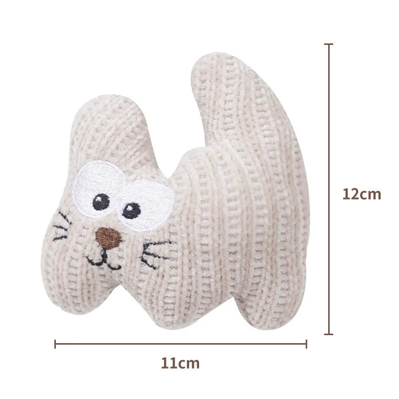 Cyan knitted plush cat toy with rope and bell, shown next to a light coffee colour option.