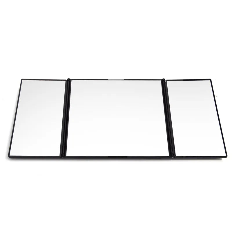 Silver car folding makeup mirror shown both closed and open positions