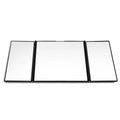 Silver car folding makeup mirror shown both closed and open positions