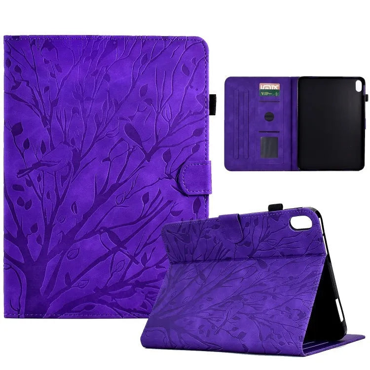 Leather-look tablet protective case with integrated stand in black, shown propping up a tablet.