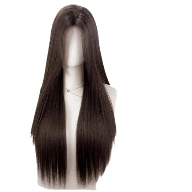 Natural black straight synthetic wig with forehead lace front, shown with hairnet, clips, comb, bracket, and care bottle.