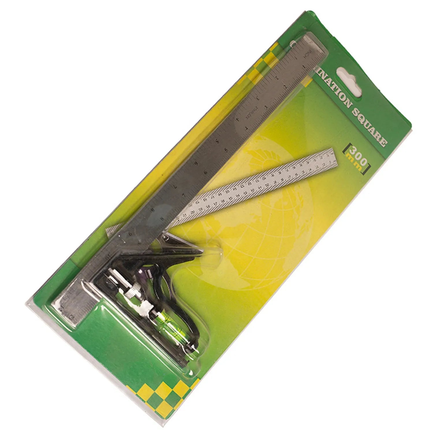 Two red metal combination angle rulers with metric markings in transparent protective bag