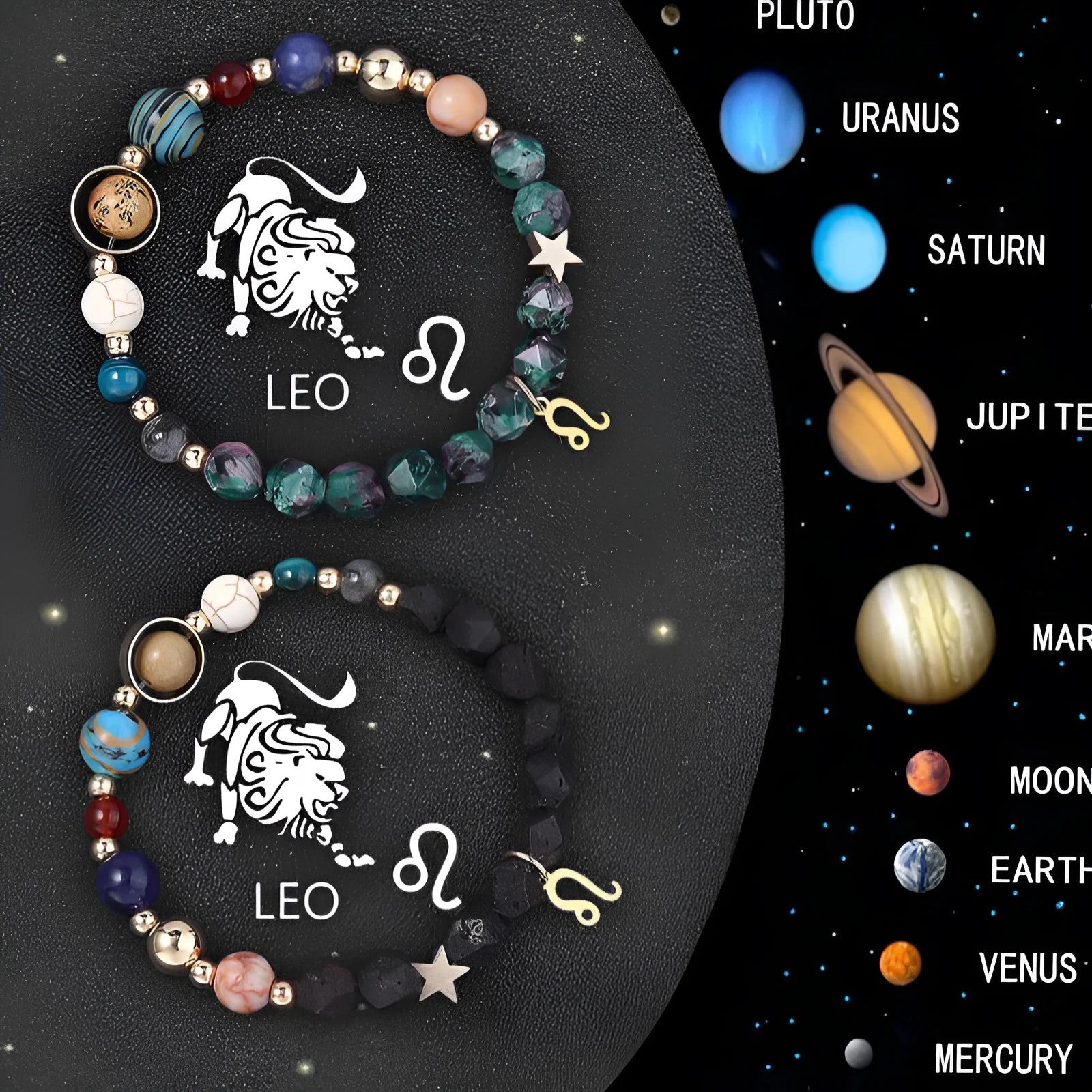 Set of two natural stone beaded bracelets with zodiac charms on a woven adjustable string.