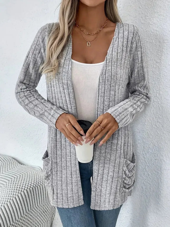 Long sleeve cardigan knitwear with pockets in granny grey colour, loose fit design for plus sizes