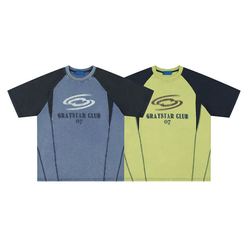 Men's blue hip hop letter print t-shirt with raglan sleeves shown in loose fit style