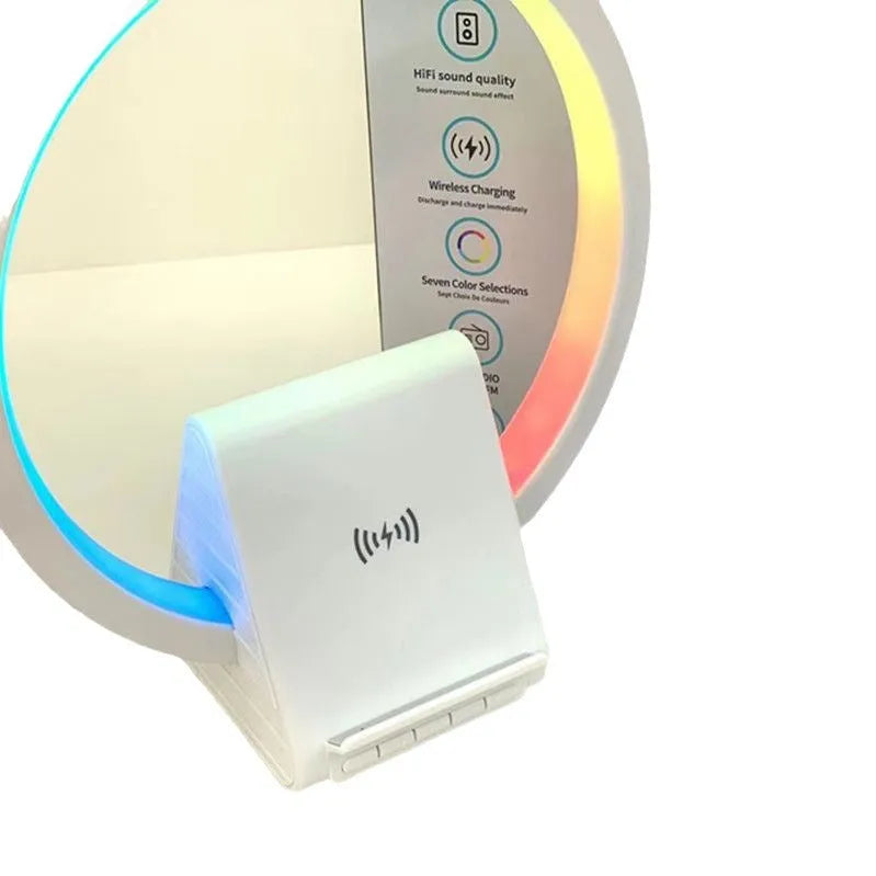 White Bluetooth speaker with wireless charging surface and ambient lighting, dimensions 225mm by 200mm