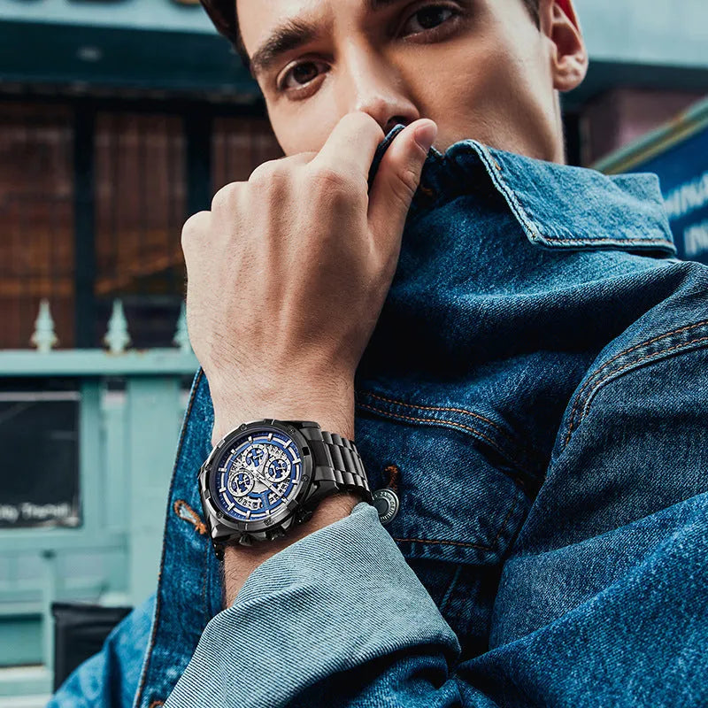 Men's waterproof quartz watch with luminous dial and steel strap in black, gold, or silver colour options