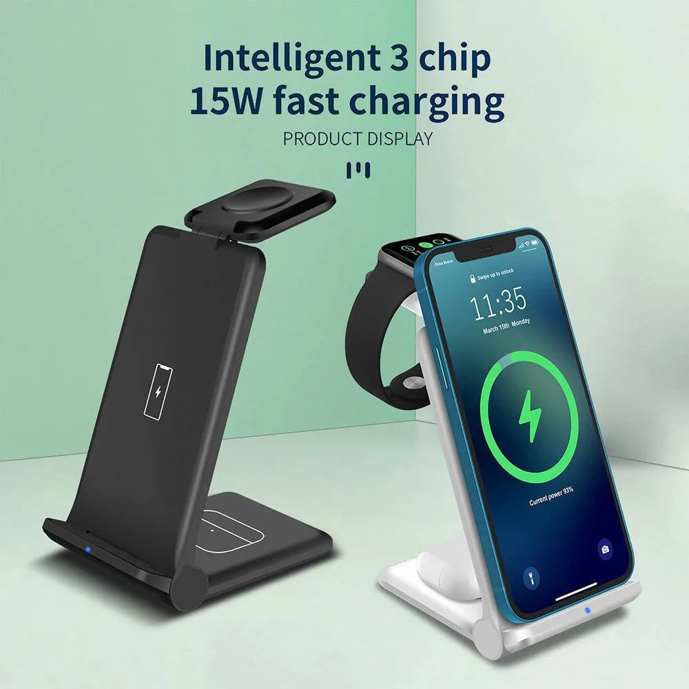 White 3-in-1 wireless charging station showing phone, Apple Watch and AirPods charging simultaneously