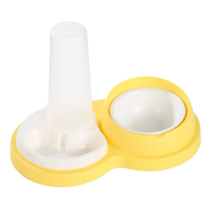 Grey and yellow PP material pet dual bowl feeder with ceramic food bowl and automatic water