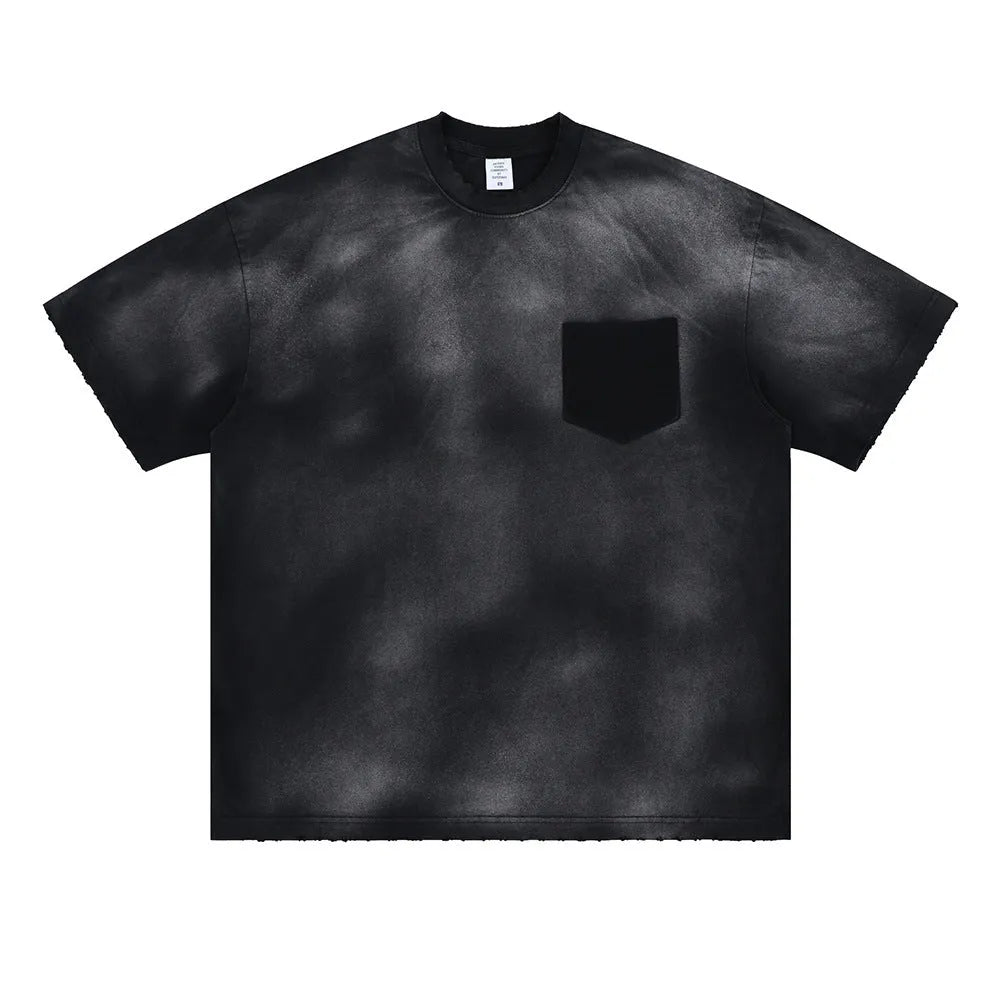 Black men's cotton t-shirt with printed letter pattern and drop-shoulder sleeves in loose street fashion style