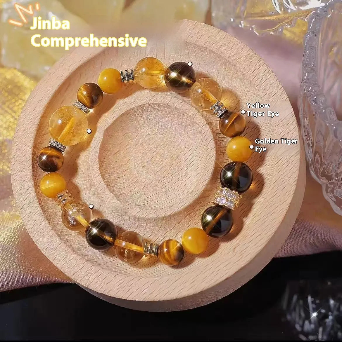 Women's natural yellow tower crystal string beads bracelet with 10mm Jinba beads