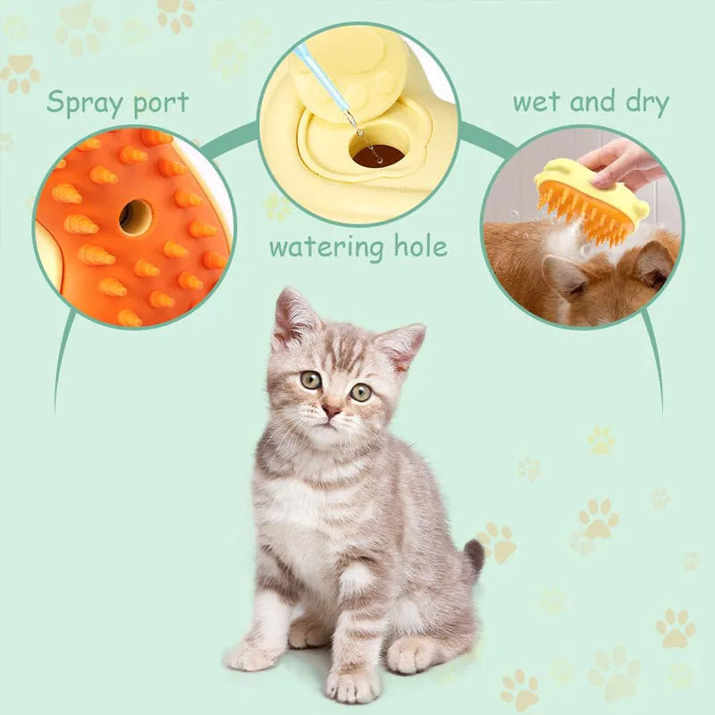 3-in-1 steamy cat and dog brush with ergonomic handle for grooming and hair removal