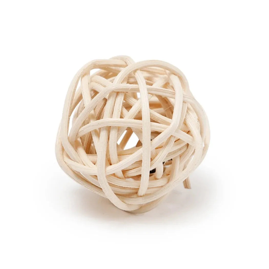 Two cat toys: rattan ball with bell and faux feather ball on rattan base for interactive feline play