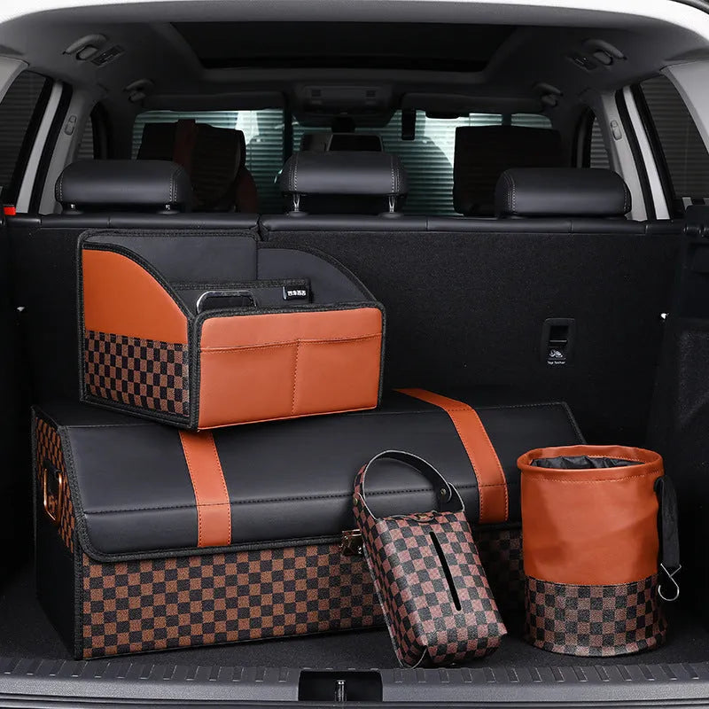 Retractable leather car interior rubbish bin shown in collapsed and expanded states