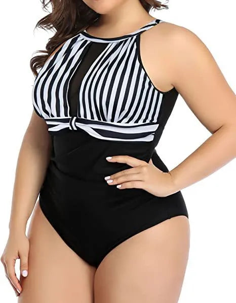 Women's solid colour one-piece swimsuit on a hanger, shown in black, striped, and red floral pattern options.