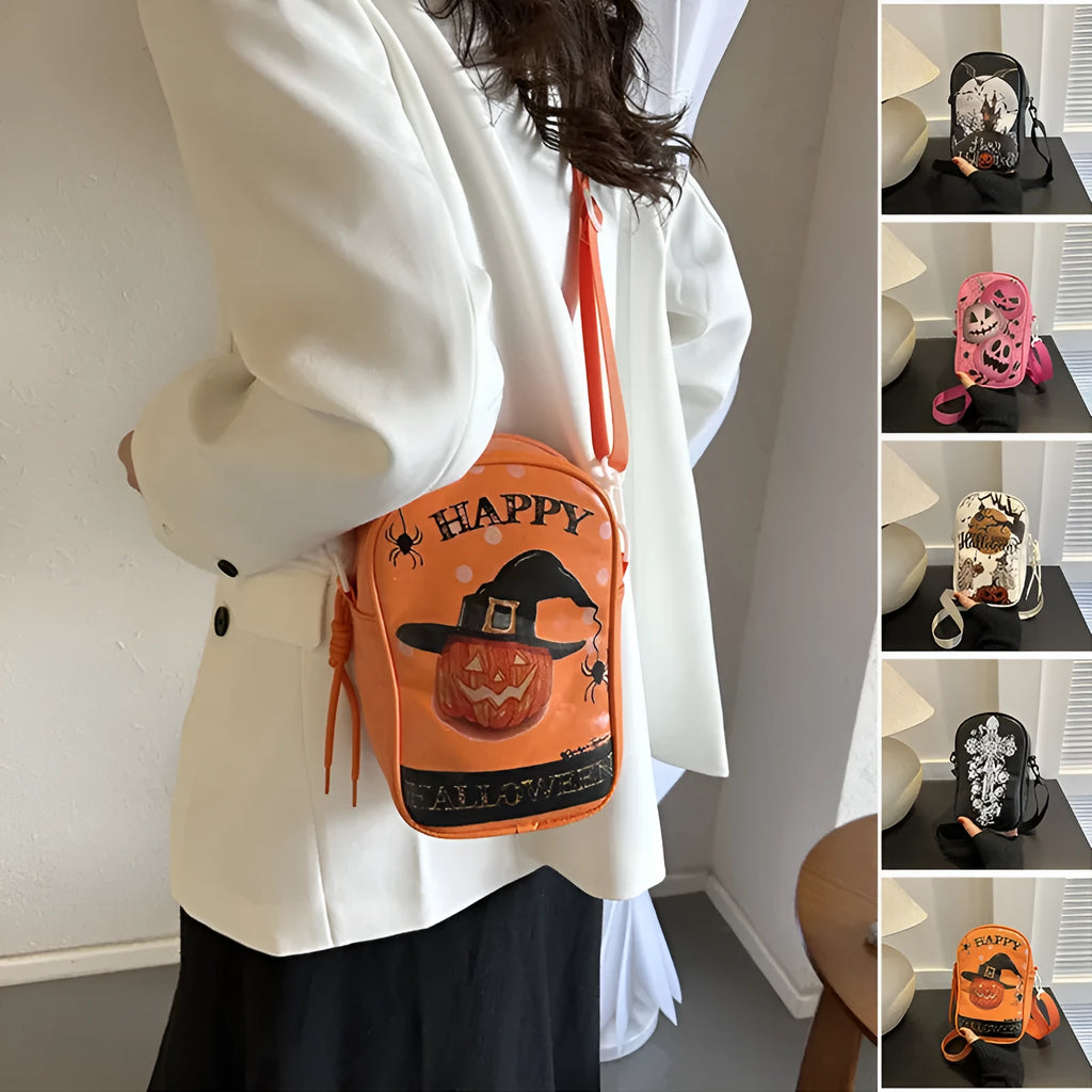 Halloween graffiti crossbody phone bag with cartoon pumpkin, ghost, and bat print in black.