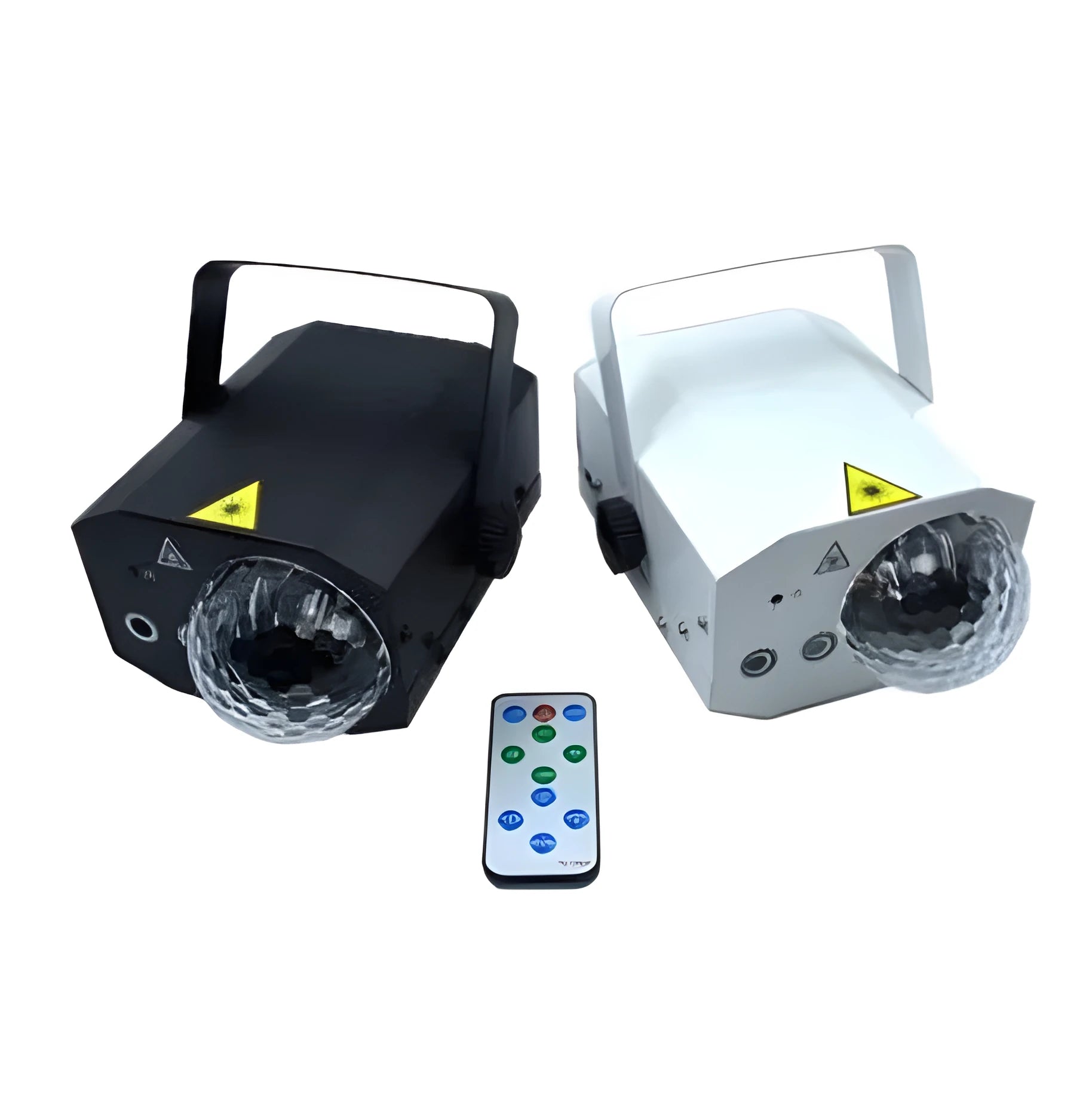 LED laser magic fan stage lighting equipment with dual projection effects in black housing
