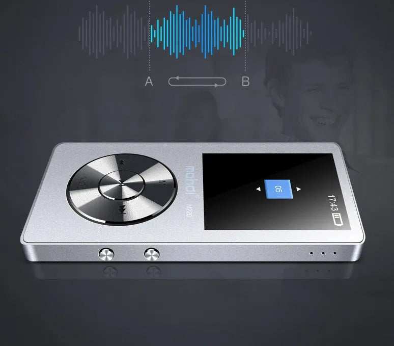 Gold all-metal MP3 player with a 1.8-inch screen, showing menu interface and 3.5mm headphone jack.