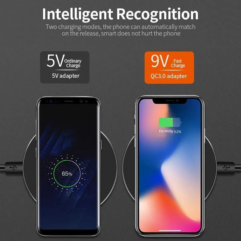 Black ultra-thin square 9V Qi fast wireless charging pad with USB cable