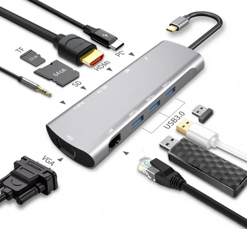 Grey aluminium USB-C docking station with HDMI, VGA, and USB ports on 140mm cable