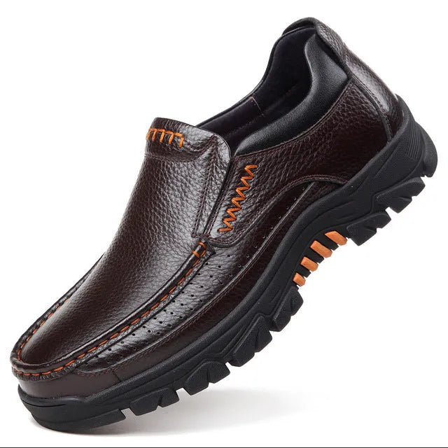 Men's black and brown cowhide leather business casual slip-on shoes with rubber soles