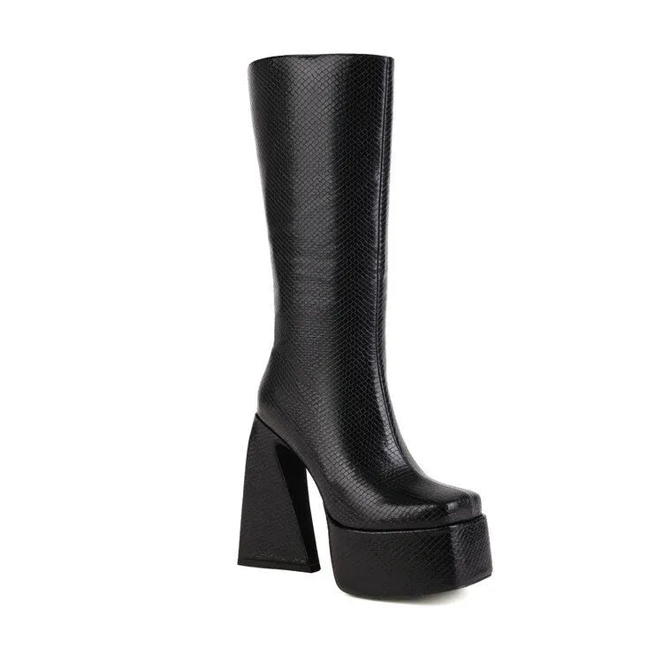 Women's black knee-high casual boots with artificial PU upper material