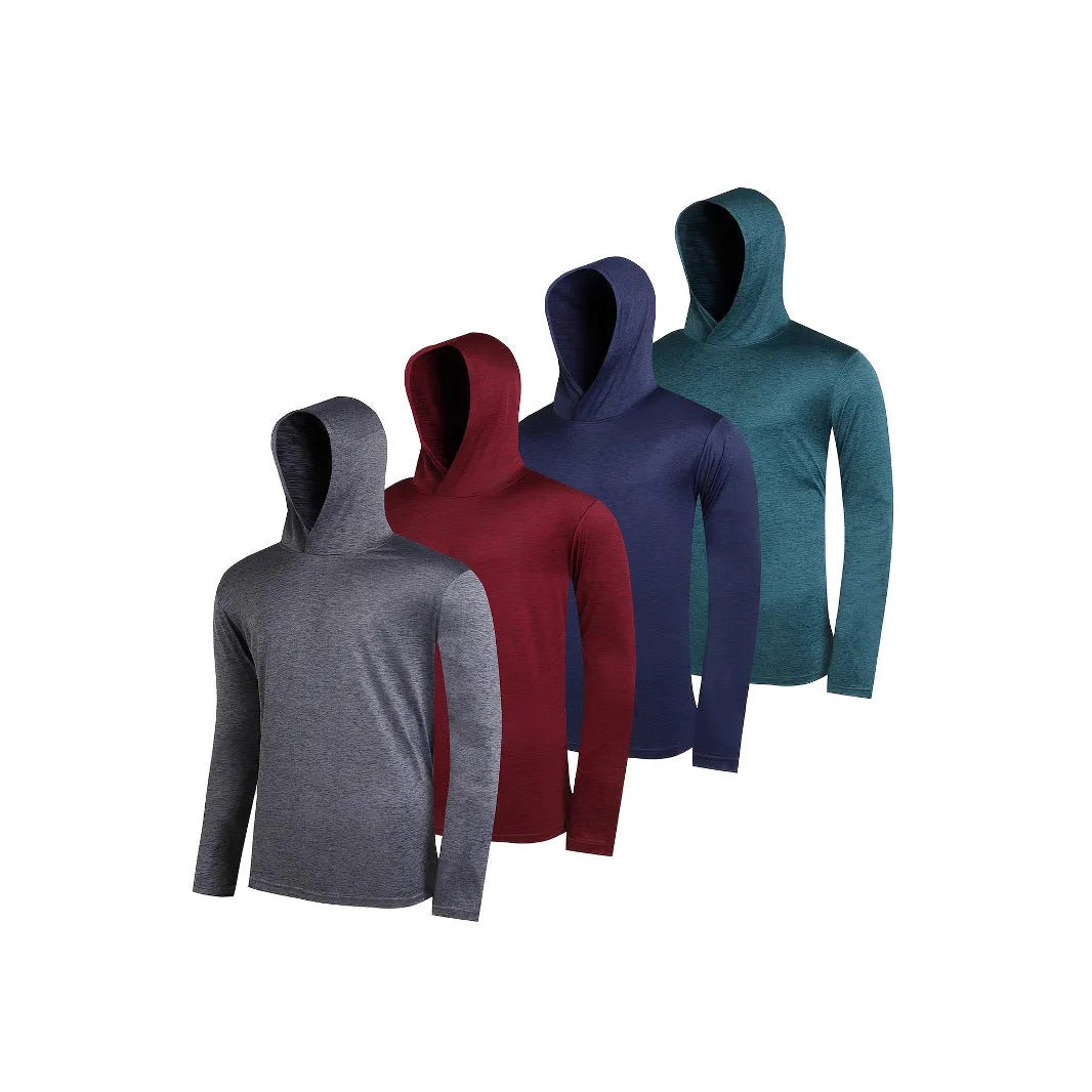 Four men's lightweight hoodies in different colours showing elastic polyester fibre fabric and hooded design