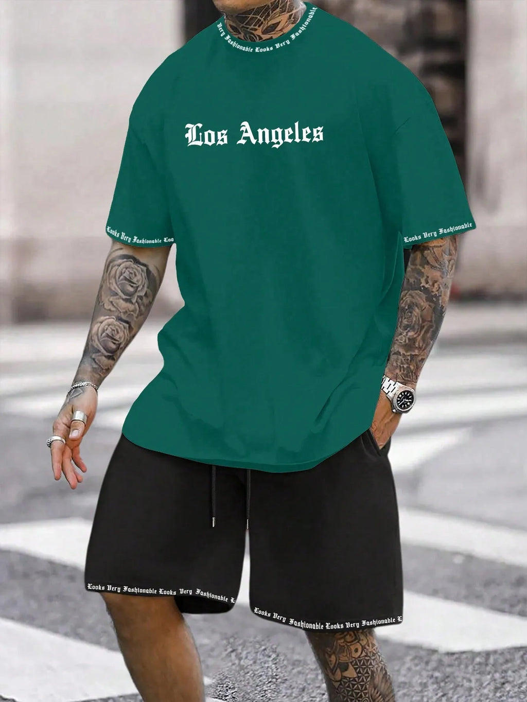 Sports style short-sleeved top and matching shorts set in solid colour on hanger