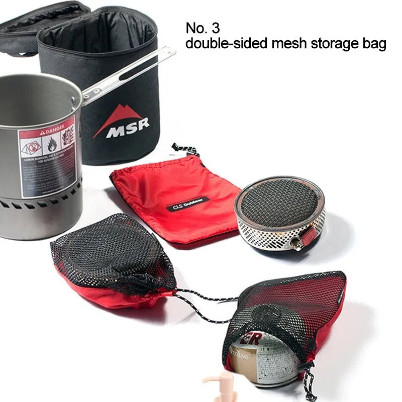 Set of five red outdoor travel storage bags with zippers made from Oxford cloth and mesh