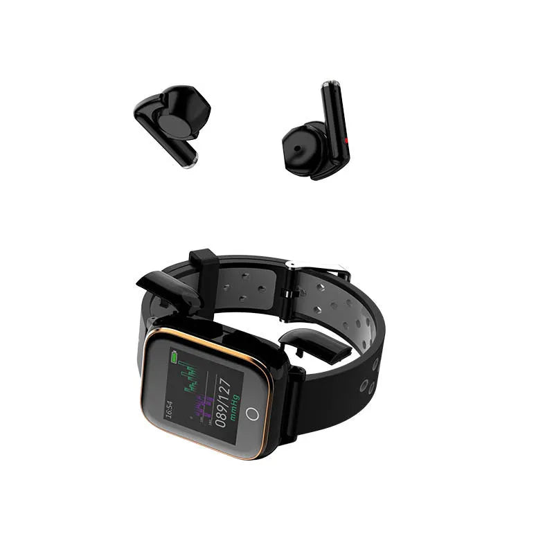 Black smart watch with integrated Bluetooth earphones showing 1.4 inch display with fitness metrics