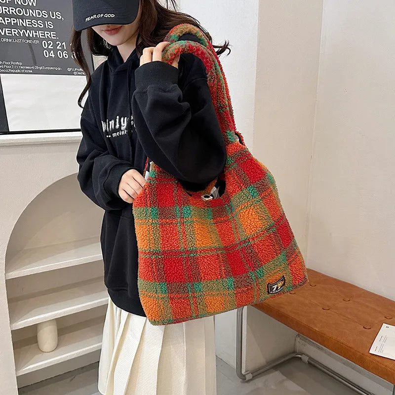 Army Green plush plaid women's crossbody tote bag showing large capacity and shoulder strap.