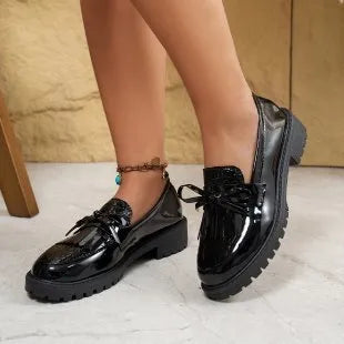 Women's brown and black bow loafers in artificial PU leather for spring and autumn seasons