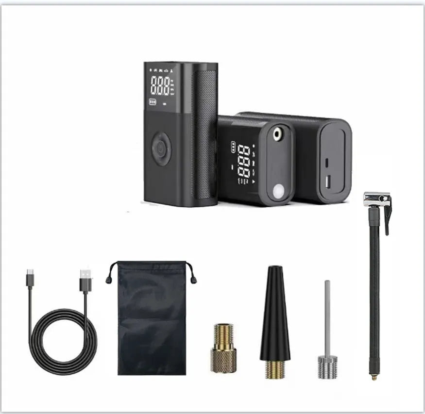 Wireless handheld digital tyre pump with LCD display, black ABS casing, and set of inflation nozzles.