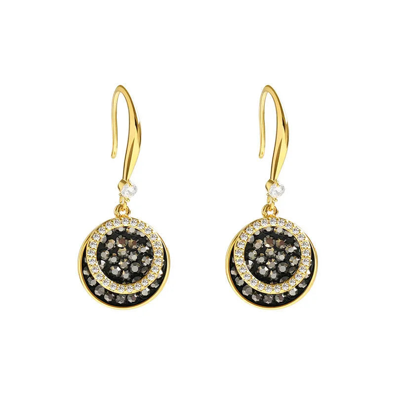 Black retro Hong Kong style alloy earrings with circular geometric design measuring 3.6cm length