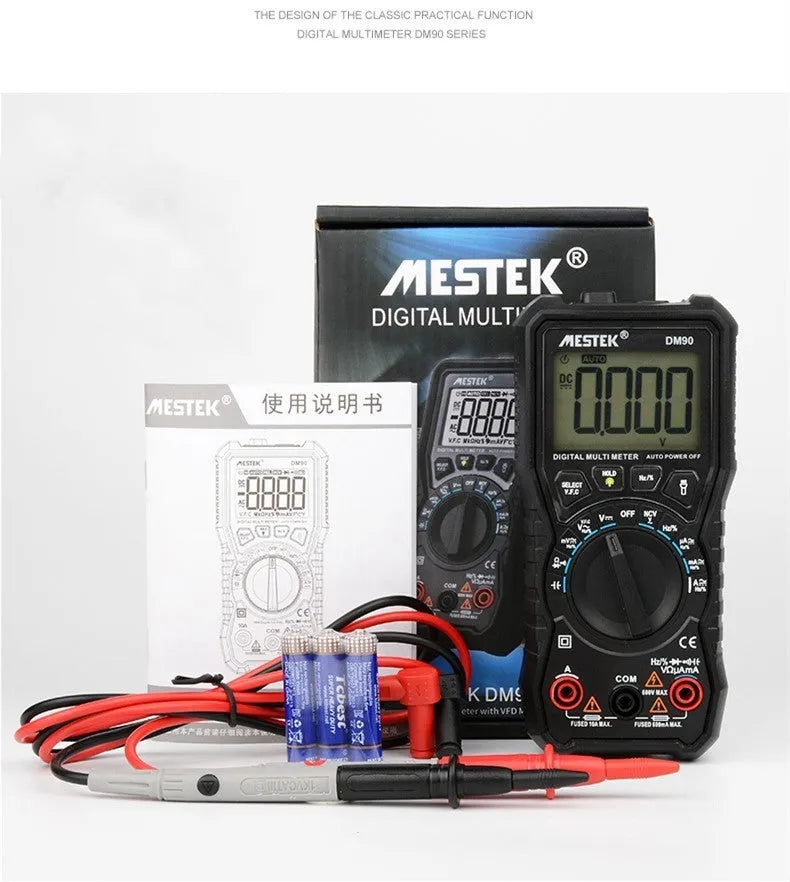 DM90A digital multimeter with test leads on a workbench, showing its large display and rotary function selector.