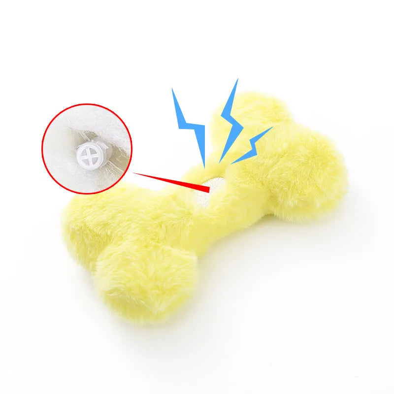 Blue love bone shaped plush dog toy with vocal BB rattle for interactive chewing play