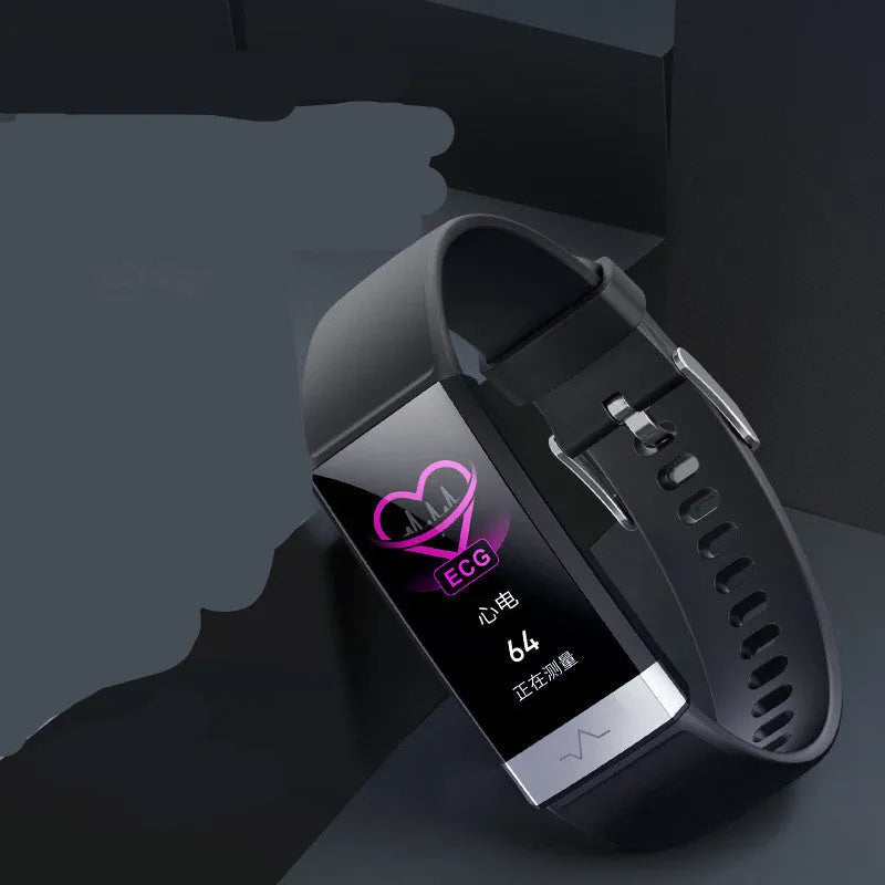 V19 smart bracelet in black, blue, or red on a wrist, showing its colour display with health metrics.