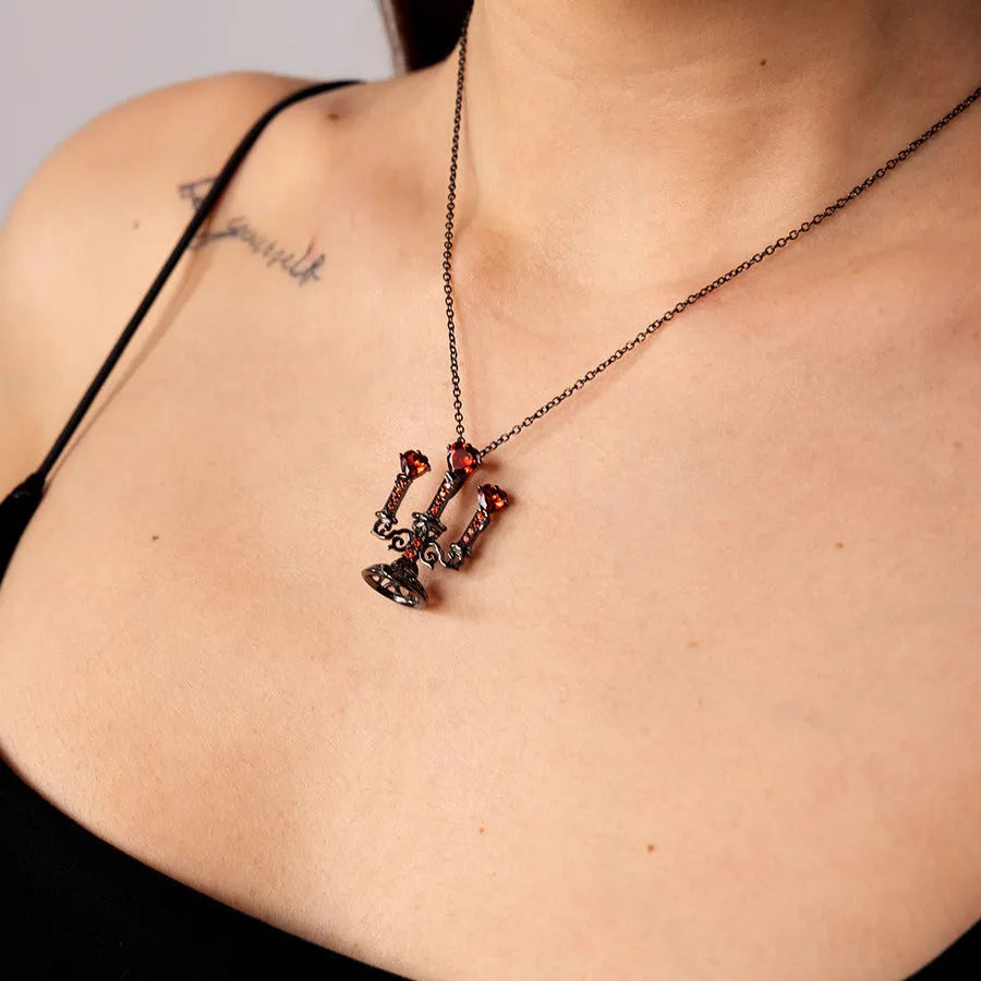 Gothic women's necklace with hollow candlestick pendant on cross chain, zinc alloy with diamond finish
