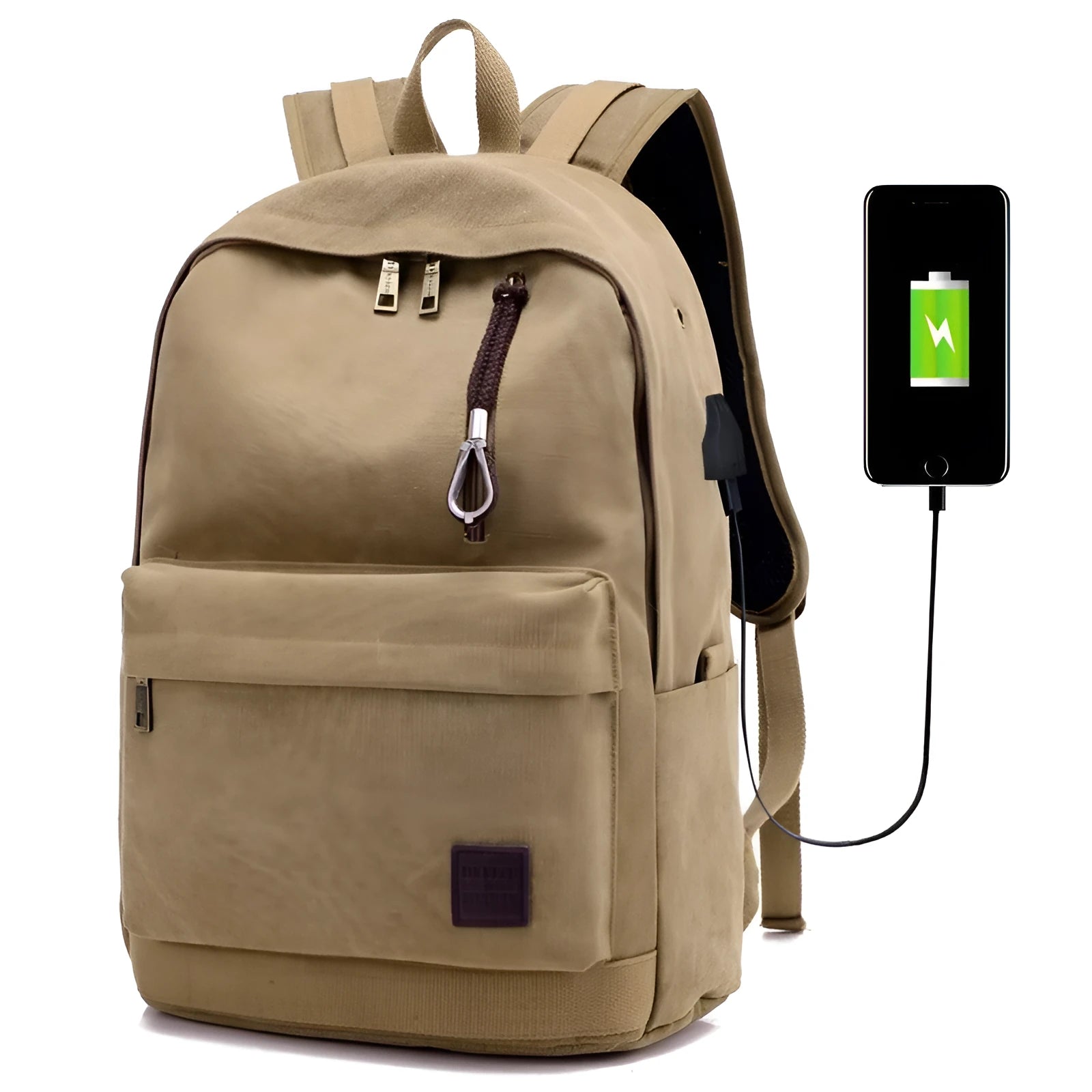 Canvas backpack with USB charging port showing laptop compartment and multiple pockets in grey colour