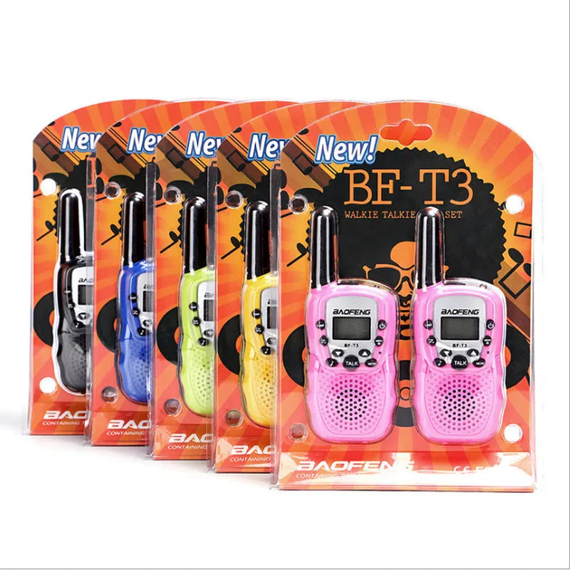 Children's walkie talkie set showing two handheld units in assorted colours with 22-channel display