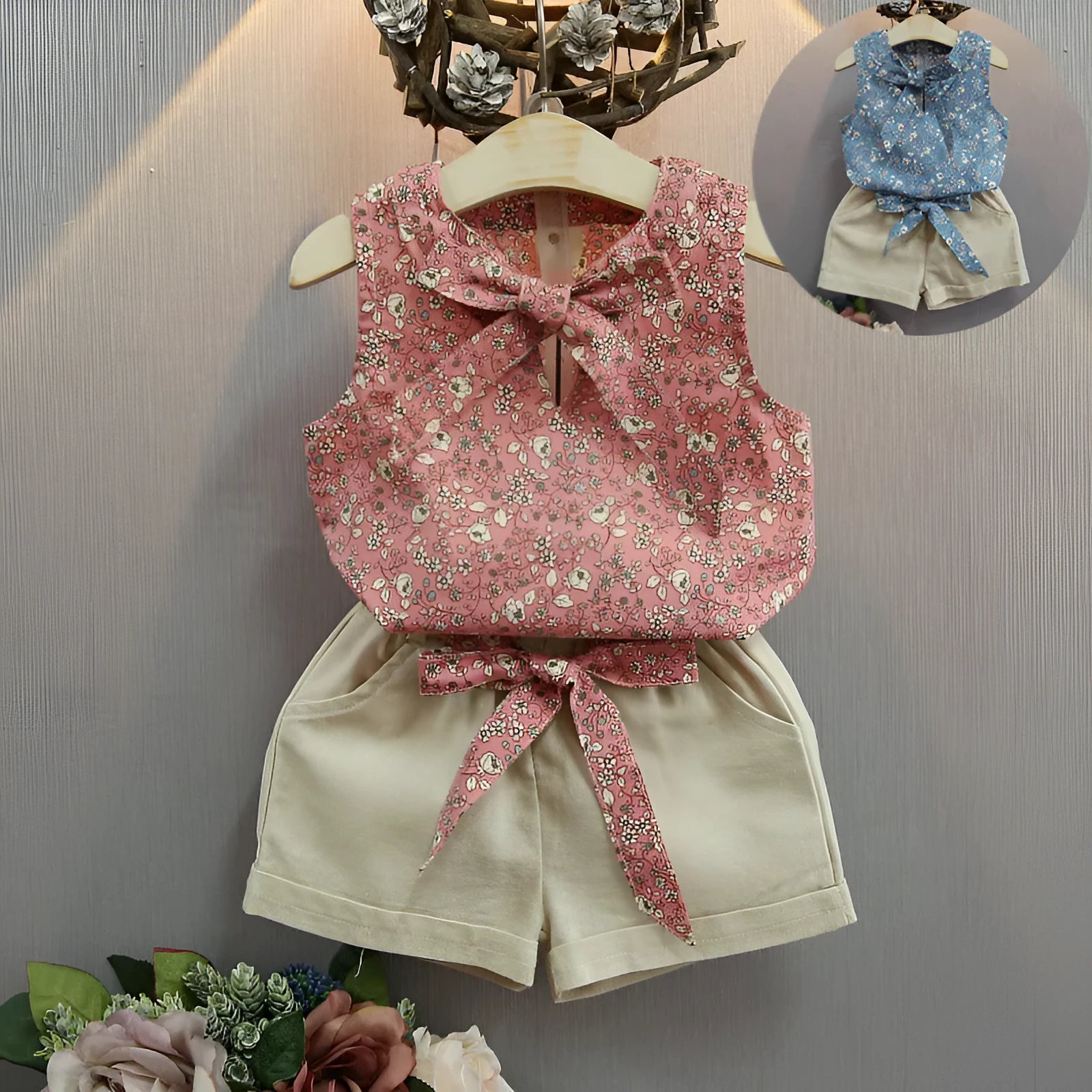 Sleeveless bow vest and shorts set for girls, cotton blend, floral khaki blue