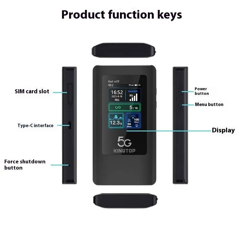 Black portable 5G Wi-Fi router showing LCD screen, USB Type-C port, and power button