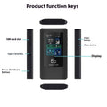 Black portable 5G Wi-Fi router showing LCD screen, USB Type-C port, and power button