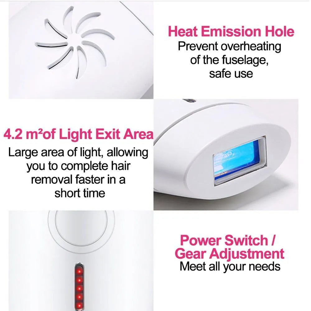 White home laser hair removal instrument with display, shown next to its UK plug and adapter.