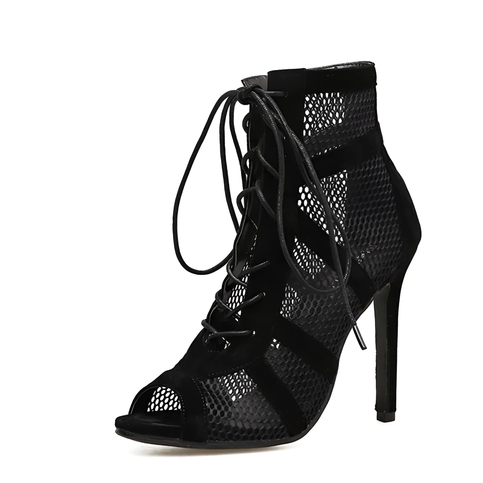 Black suede women's high-heel shoes with lace-up front and stiletto heel