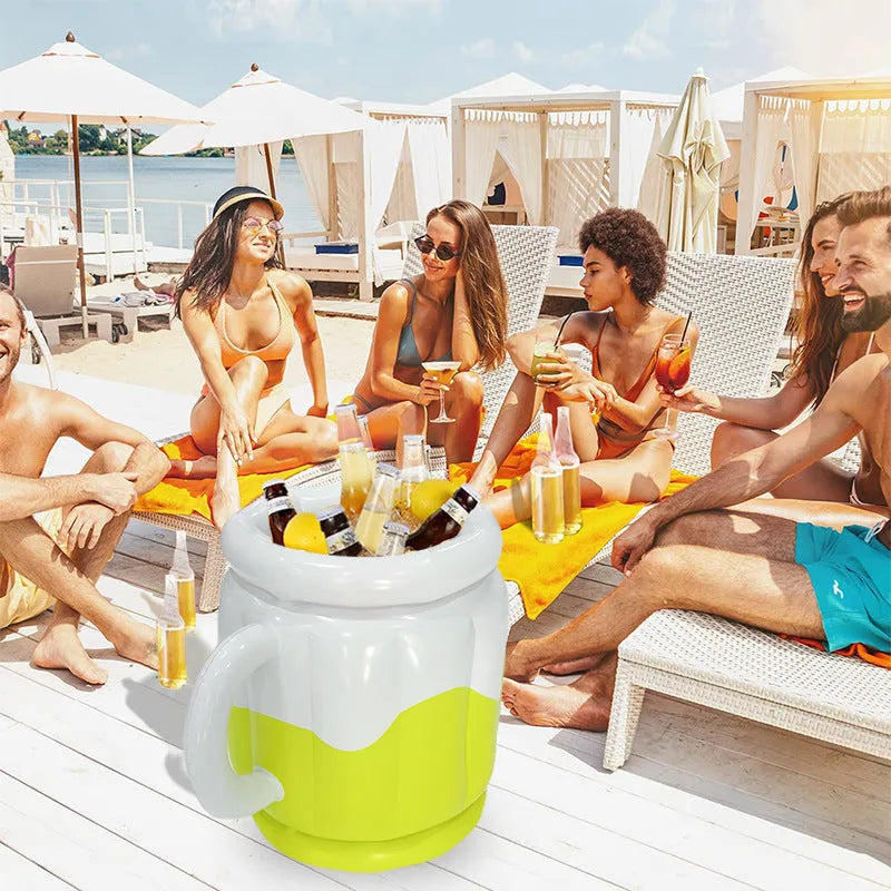Yellow inflatable PVC ice bucket for beer and drinks at outdoor parties and camping