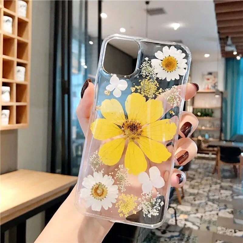 Floral TPU phone case with large pink or yellow flower designs for iPhone models