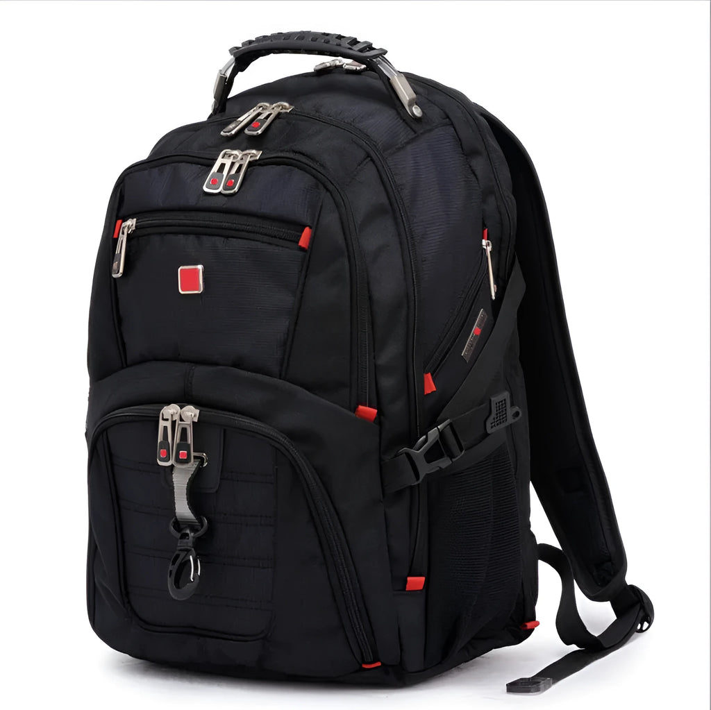 Black business computer backpack with multiple compartments open, showing laptop sleeve and organiser pockets.