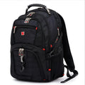 Black business computer backpack with multiple compartments open, showing laptop sleeve and organiser pockets.