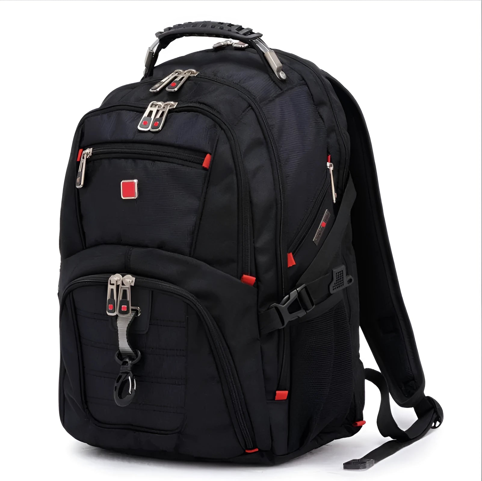 Black business computer backpack with multiple compartments open, showing laptop sleeve and organiser pockets.